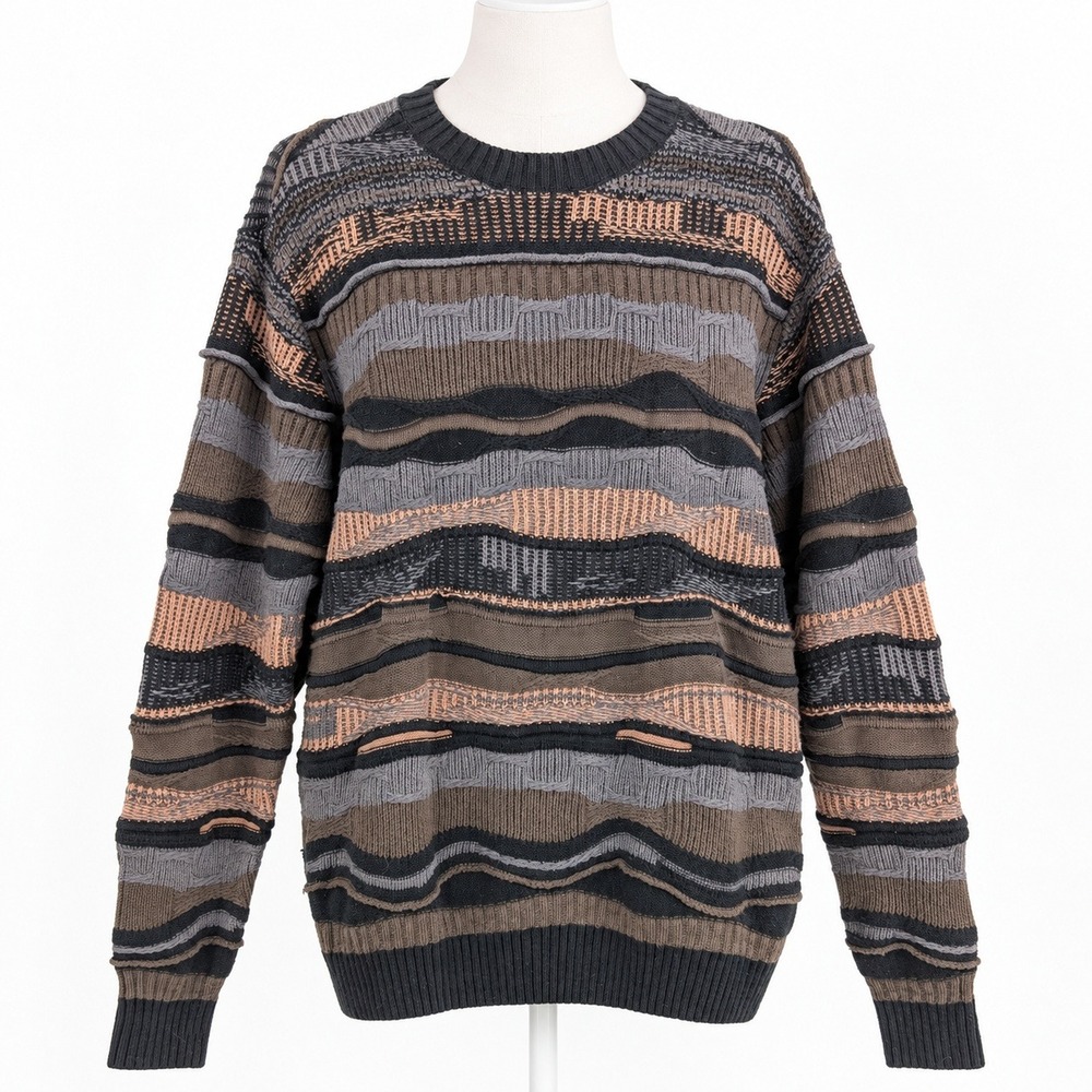 Coogi Style 3D Knit Crewneck Sweater Size M Brown Striped Retro Funky Cottage